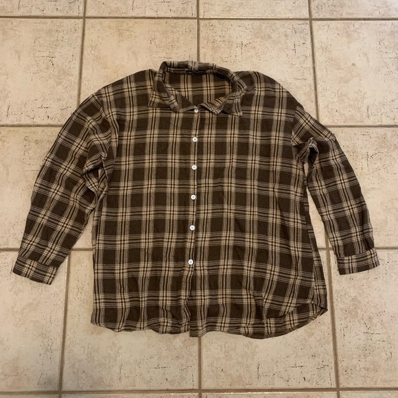 💛 Shein Brown & Tan Plaid Flannel Shirt - Size L (US 8/10) - Picture 4 of 6